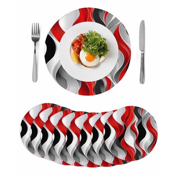 Red Black Grey Round 15 Inch Placemats Set of 8, Moire Modern Artwork Abstract HeatResistant Non Slip Place Mats for Dining Table, Wipeable Braided Kitchen Table Mats for Housewarming