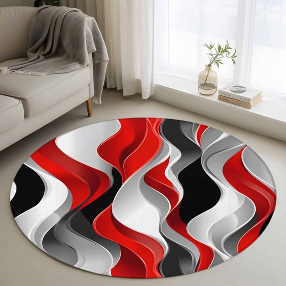 Red Black Grey Round Area Rug 3.3 FT, Non Slip Small Entryway Kitchen Mat, Moire Modern Artwork Abstract Washable Soft Circular Rug Non-Shedding Door Mat for Bathroom Playroom Kids Room