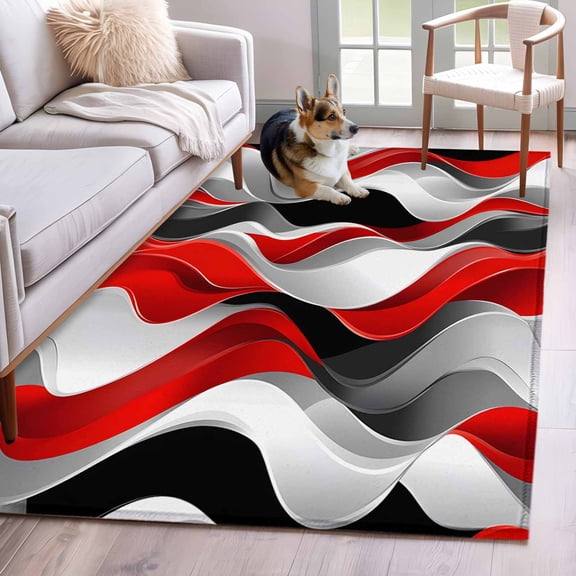 Red Black Grey Runner Rug 2.7x5 FT, Non Slip Entryway Carpet, Moire Modern Artwork Abstract Washable Soft Floor Carpet Entrance Mat Non-Shedding Throw Rug for Hallway Laundry Room Bedside