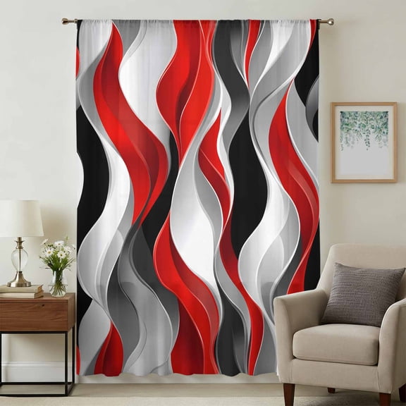 Red Black Grey Sheer Curtains 54 Inches Long, Moire Modern Artwork Abstract Light Filering Curtains, Breathable Simi Curtain Privacy Drapes for Kitchen Bathroom Nursery Small Window Treatment