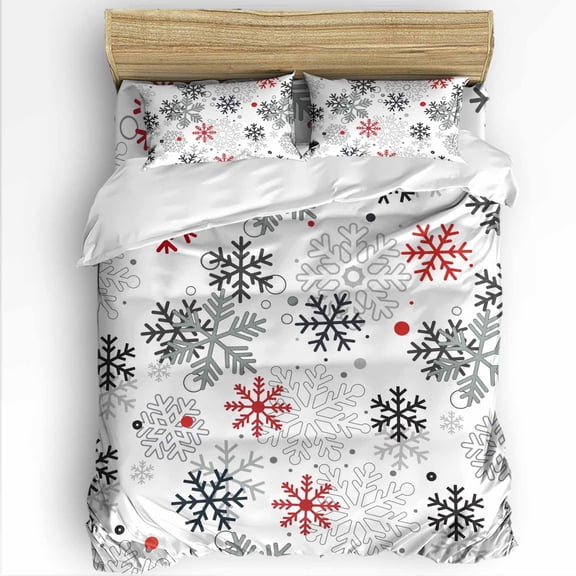 Red Black Grey Snowflakes Twin Size Comforter Set, Winter Christmas Snowflakes Soft Bedding for All Seasons, 4 Pcs Bed Set with 1 Comforter (68"x86") ,1Sheet(66"x116"), 2 Pillowcases (19"x29")