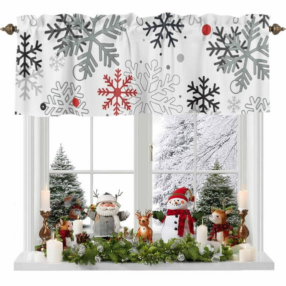 Red Black Grey Snowflakes Valances for Windows, 42 x 18in, Winter Christmas Snowflakes Rod Pocket Kitchen Valance Curtain Light Filtering Window Treatments for Living Room Bedroom, 1 Panel