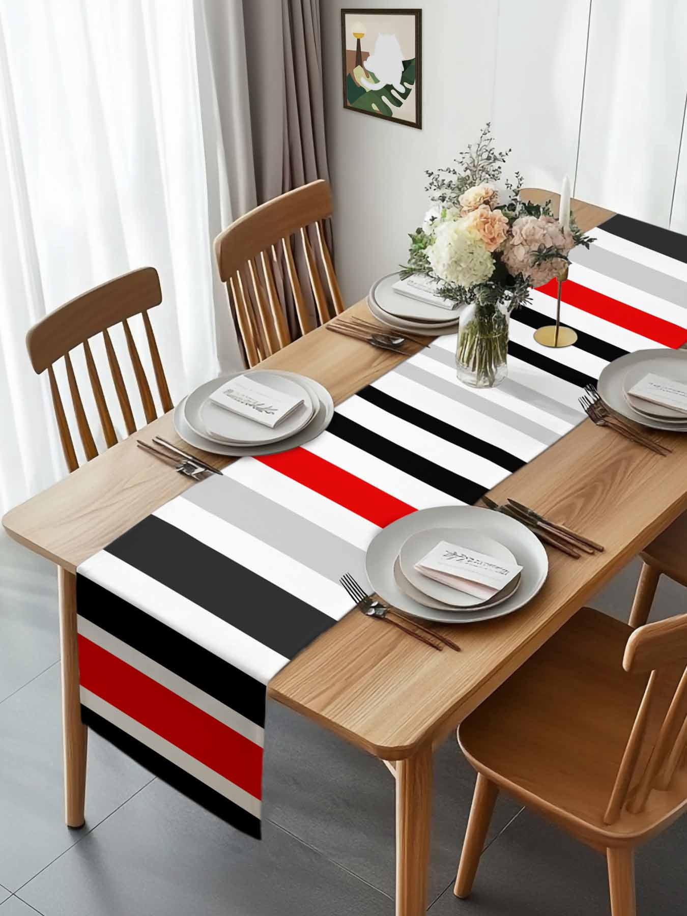 Red Black Grey Stripes Table Runner 90 Inches Long, Modern Geometric Pattern Table Runners Tabletop Scarf Kitchen Dining Tables Decoration for Home Party Indoor Outdoor