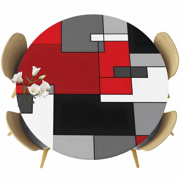 Red Black Grey Table Cloth, Round Fitted Tablecloths with Elastic Edge, Geometric Abstract Modern Irregular Wipeable Waterproof Table Cover for Kitchen Wedding 55-60 Inches