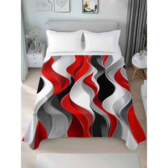 Red Black Grey Twim Size Flat Sheet, Wrinkleproof & Fadeproof Cooling Flat Bed Sheet Only, Moire Modern Artwork Abstract Breathable Soft Bedding Top Sheets 66 x 96 Inches