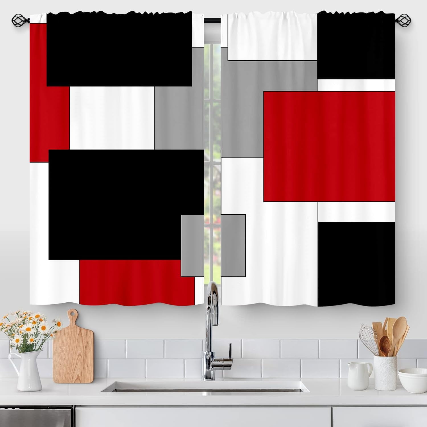 Red Black Grey White Kitchen Curtains, Modern Square Abstract Art ...