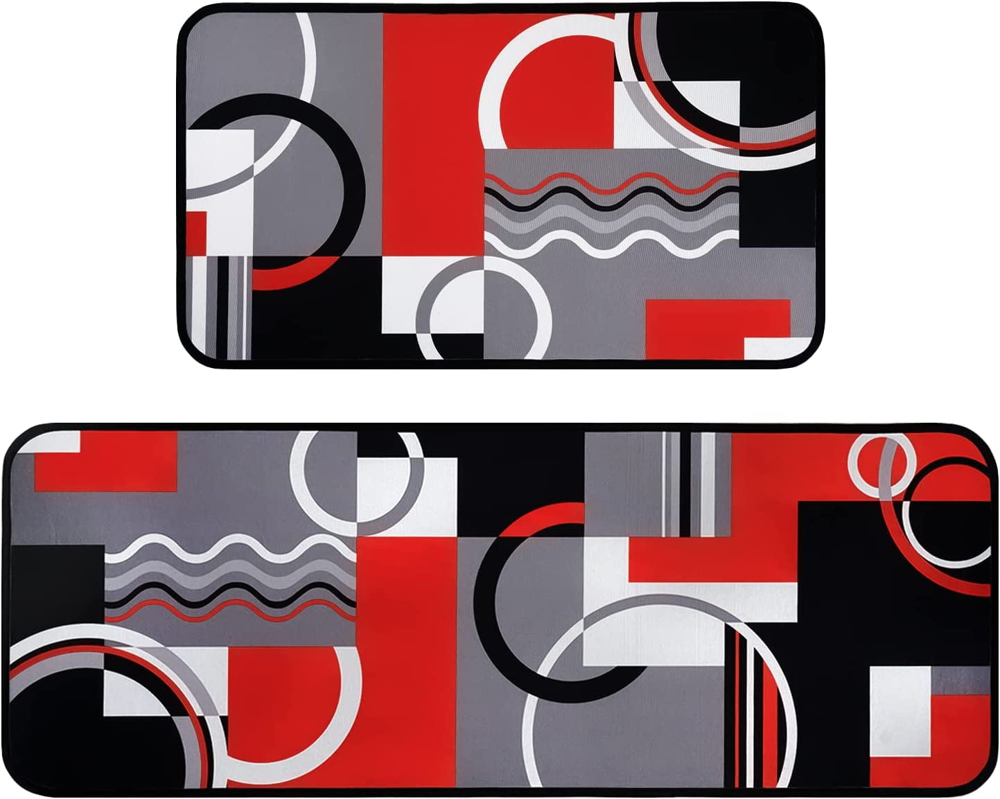 Red Black Grey White Kitchen Rug Set of 2, Modern Abstract Kitchen