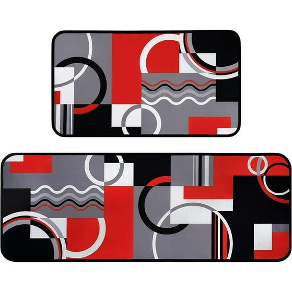 Red Black Grey White Kitchen Rug Set of 2, Modern Abstract Kitchen Floor Mat Rugs Carpet- Geometric Black White Red Kitchen Decor and Accessories Home Decoration- 17x30 and 17x47 Inch