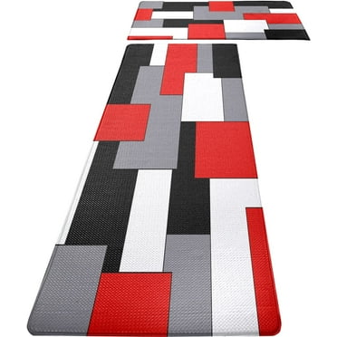 Red Black Grey White Kitchen Rugs and Mats Set of 2 Cushioned Anti Fatigue Kitchen Rugs Set Geometric Non-Skid Washable Kitchen Mats for Kitchen Sink Laundry