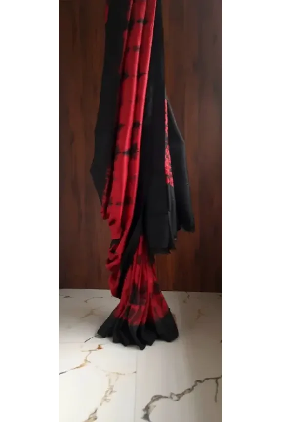 Red Black Hand Tie & Dye Bandhej Pure Silk Saree