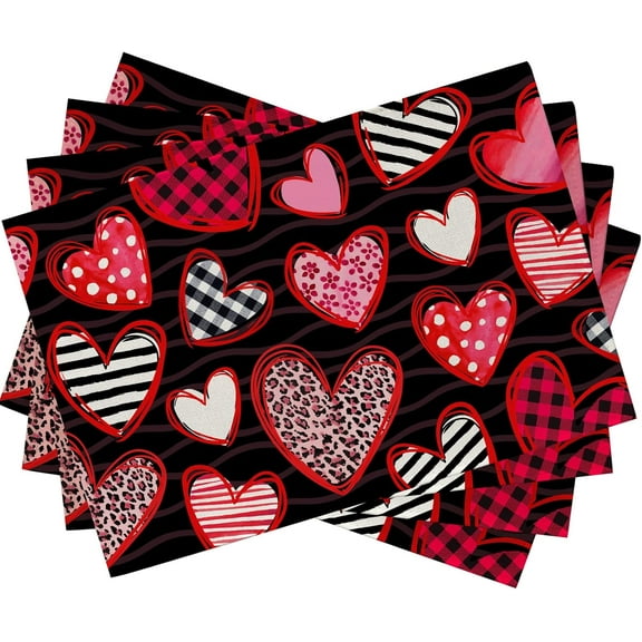 Red Black Hearts Placemats Set of 4, Buffalo Plaid Check Leopard Stripe Love Dining Table Place Mats Home Kitchen Decor, Wedding Anniversary Holiday Decoration 12 x 18 Inch