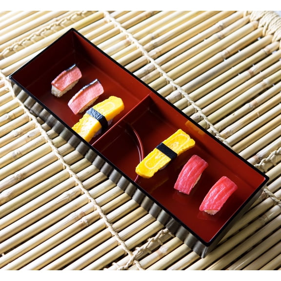 Red Black Japanese Long Bento Box With Dividers 3 Compartments Platter Plate