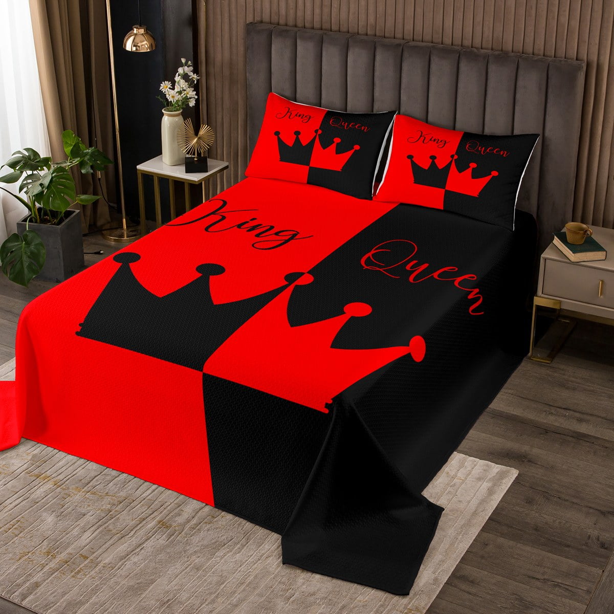 Red and Black King and Queen Bedspread Set for Couple Wedding Gifts
