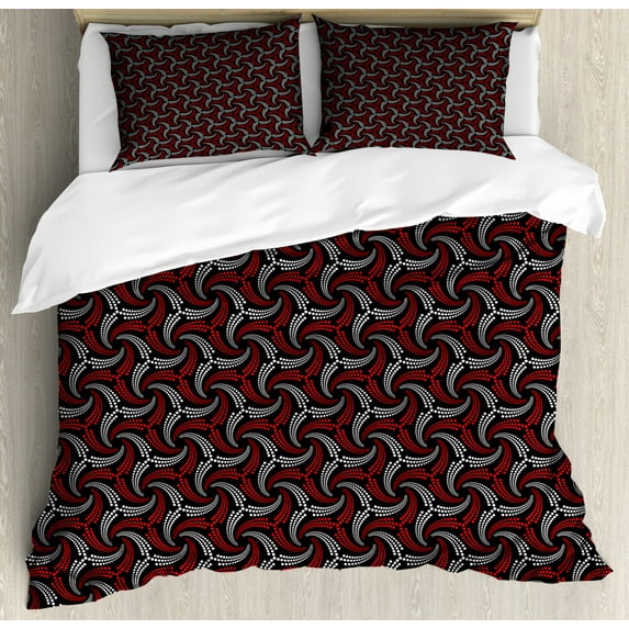 Red and Black King Size Duvet Cover Set, Abstract Pattern Minimalistic Modern Design with Curvy Dotted Lines, Decorative 3 Piece Bedding Set with 2 Pillow Shams, Scarlet Black White, by Ambesonne