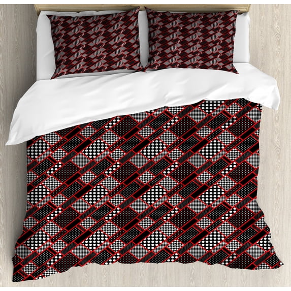 Red and Black King Size Duvet Cover Set, Geometric Rectangle Frames Retro Patterns Polka Dots and Houndstooth, Decorative 3 Piece Bedding Set with 2 Pillow Shams, Black White Scarlet, by Ambesonne