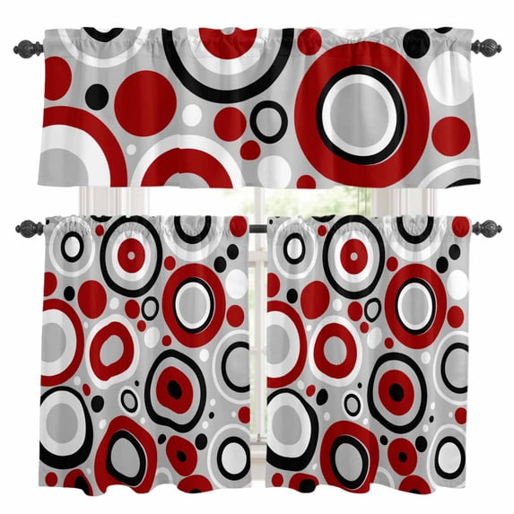 Red Black Kitchen Curtains Valances and Tiers Set of 3 Abstract Red Black White Circles Grey Texture Tier Curtains and Valance with Rod Pocket for Small Windows, 27.5"x24"