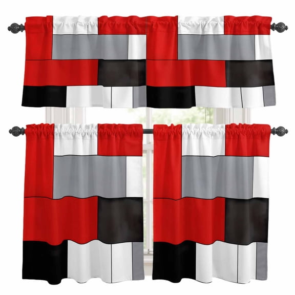 Red Black Kitchen Curtains Valances and Tiers Set of 3 Gray Color Blocks Patchwork Modern Abstract Art Tier Curtains and Valance with Rod Pocket for Small Windows, 27.5"x24"
