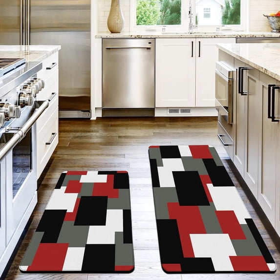Red Black Kitchen Rugs Mats Set of 2 Cushioned Anti Fatigue Kitchen Floor Mat White and Grey Geometric PVC Non-Slip Waterproof Comfort Standing Mats for Kitchen Office, 17"x 47"+17"x 28"