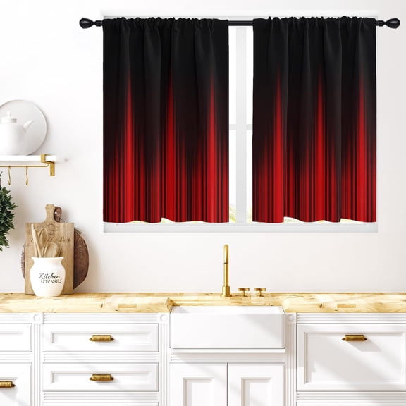 Red and Black Kitchen Window Curtains 27.5 x 36 Inch Small Short Mini Cafe Rod Pocket Gothic Ombre Goth Dark Cool Anime Living Bedroom Room Home Treatment Set of 2 Curtain Panels Drapes Tiers
