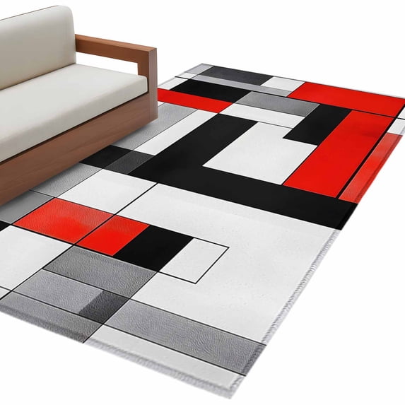 Red Black Large Area Rugs for Bedroom Living Room, Soft Non Slip Carpet Bedside Rug, Abstract Geometric Grey White Middle Century Rectangle Floor Cover Kitchen Accent Rug 4'x6' for Dining Room/Office
