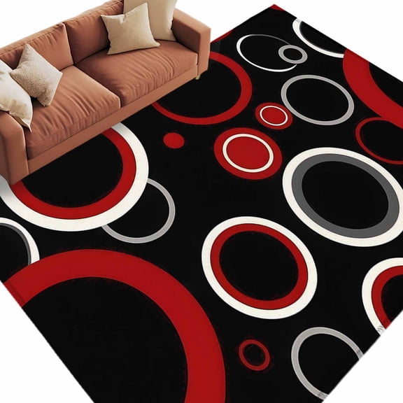 Red Black Large Area Rugs for Bedroom Living Room, Soft Non Slip Carpet Bedside Rug, Abstract Modern Geometric White Grey Circle Rectangular Floor Cover Kitchen Accent Rug 5'x7' for Office