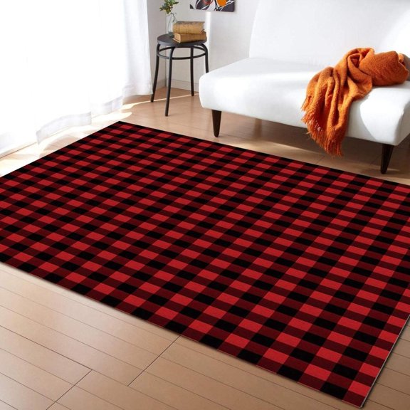 Red Black Line Buffalo Plaid Checkered Area Rug, Black and Red Decorative Carpet, Easy Clean with Anti-Slip Backing for Bedroom Living Room Dining Room Office 5ftx7ft