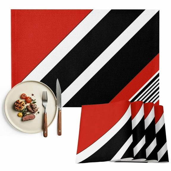 Red Black Lines Placemats Set of 12, Abstract Color Block Art Table Mats Washable Heat-Resistant Non-Slip Place Mats for Kitchen Dinner Table Indoor Outdoor Decor,13x19 Inch