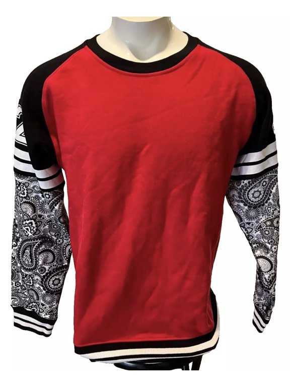 Red/Black Long Sleeve Paisley Pattern T-shirt, Men's