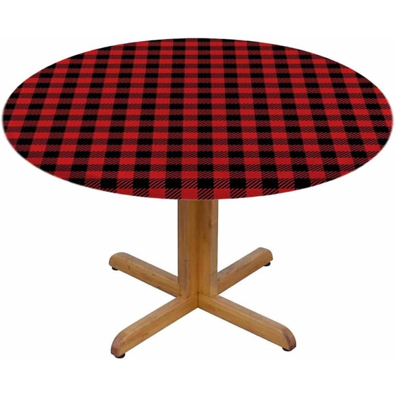 Red Black Lumberjack Round Table Cloth Buffalo Plaid Checkered Gingham Elastic Edged Table Cover Fade And Stain Resistant Table Cloths Easy To Clean Fits Tables 40-44" Diameter