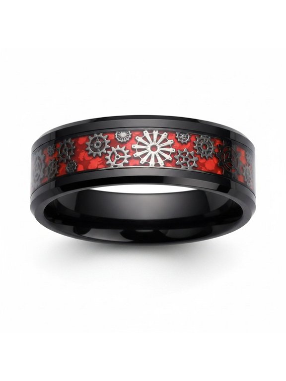 Red Black Mechanical Gear Ring Stainless Steel Steampunk Wedding Band Mens Womens Fantasy Forge Jewelry