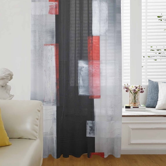 Red Black Modern Semi Sheer Curtains Drapes for Living Room,Bedroom,French Doors Window 45 Inches Long,Abstract Oil Painting Geometric Artwork Rod Pocket Chiffon Curtain Drapery Voile Draperies Panel