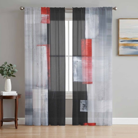 Red Black Modern Sheer Curtains 96 Inch Length 2 Panels Set, Abstract Oil Painting Geometric Artwork Voile Window Treatment Semi Sheer Long Curtains Drapes for Bedroom/Living Room/Kitchen 52"x96"x2