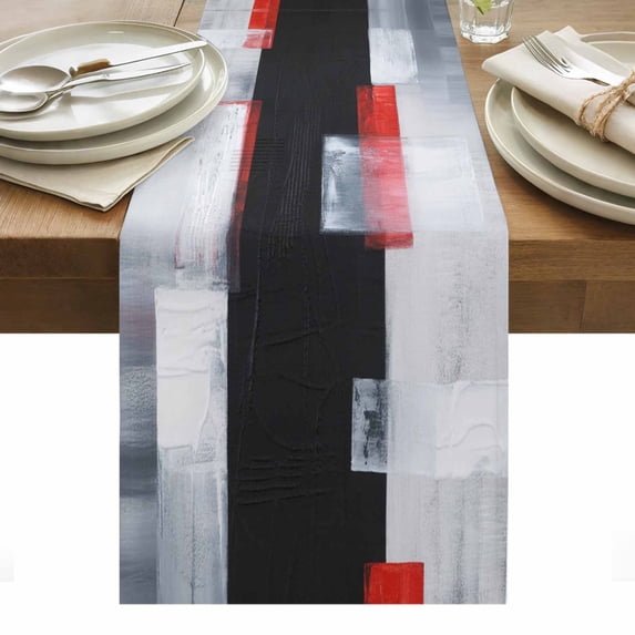 Red Black Modern Table Runner - 36 Inch Long, Kitchen Dining Table Runner Dresser Scarves, Abstract Oil Painting Geometric Artwork Farmhouse Decor for Coffee Tables Wedding Party Banquet