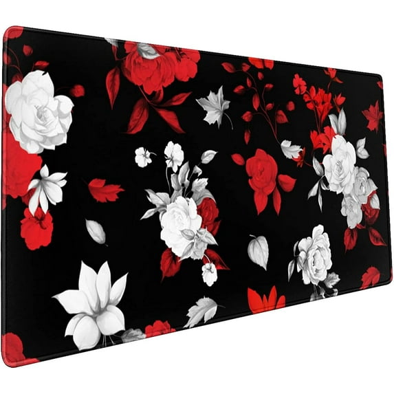 Red and Black Mouse Pad 35.4 X 15.7 Inch XXL White Red Rose Floral Print Full Desk Mousepad Extended Large Non-Slip Rubber Base Big Keyboard Mat with Stitched Edges for Gaming Office