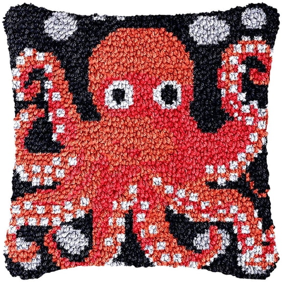 Red & Black Octopus Latch Hook Kits Pillow DIY Rug Cushion Making Kits with preprinted Pattern Canvas Instruction Yarns and Latch Hooking Pillow Cover Easy to Start DIY Home Decor Kits 43x43cm