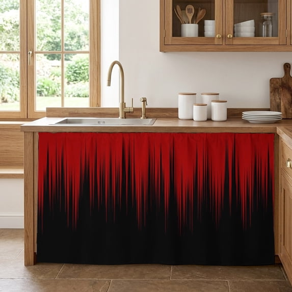 Red Black Ombre Cabinet Curtains for Kitchen 28"W x 51"L, Abstract Modern Lines Gradient Under Sink Skirt Magic Tape Short Curtain Decorative Privacy Panel for Pantry Cabinet Opening