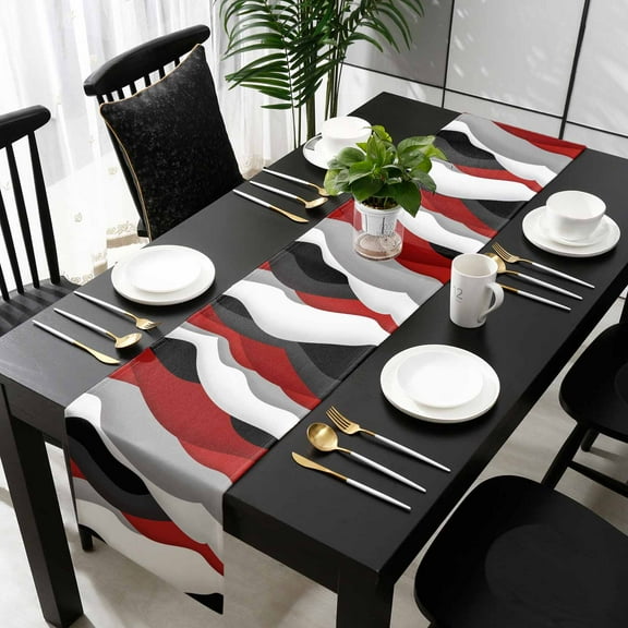 Red Black Ombre Cotton Linen Small Table Runner 13 x 48 inch Modern Geometric Moire Abstract Art Non-slip Rectangular Dining Table Decor for Wedding Party Holiday Dinner