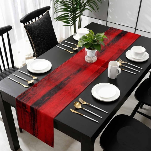 Red Black Ombre Cotton Linen Table Runner 13 x 72 inch Farmhouse Modern Abstract Aesthetic Non-Slip Rectangular Dining Table Decor for Wedding Party Holiday Dinner