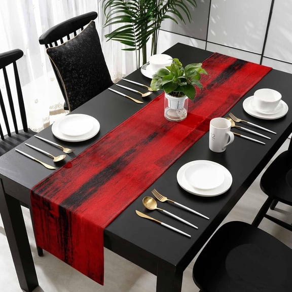 Red Black Ombre Cotton Linen Table Runner 13 x 72 inch Farmhouse Modern Abstract Aesthetic Non-Slip Rectangular Dining Table Decor for Wedding Party Holiday Dinner