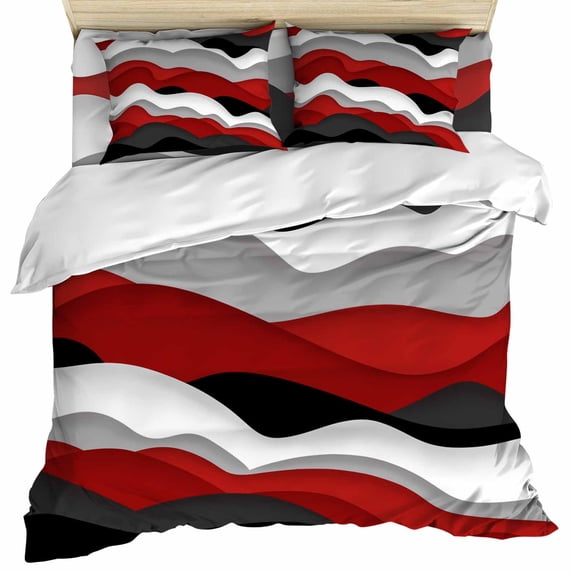 Red Black Ombre Duvet Cover Set, Modern Geometric Moire Abstract Art Soft Duvet Cover Queen Size Bedding Set 4 Pieces, 1 Quiltcover and 2 Pillowcases with Zipper, 1 Bed Sheet for All Seasons