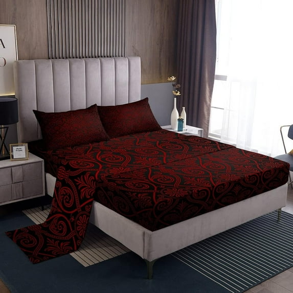 Red Black Ombre Gothic Bedding Set Full For Boys,Vintage Goth Floral Damask Bed Sheets Antique Victorian Baroque Sheet Set Hotel Luxury Fitted Sheet Bohemian Exotic Flat Sheet 2 Pillow Cases