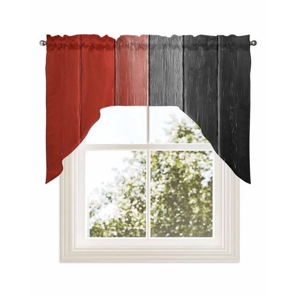 Red Black Ombre Kitchen Curtains Swag Valance for Windows/Bathroom/Cafe, Vintage Farmhouse Wooden Rod Pocket Drape Panel Swag Curtains Valance for Bedroom/Living Room 56"x36"