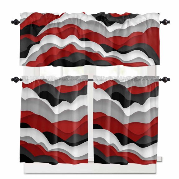 Red Black Ombre Kitchen Curtains and Valances Set, 3 Piece Kitchen Curtains Set 24 Inch Length, Modern Geometric Moire Abstract Art Rod Pocket Curtains Tier Farmhouse Window Curtains