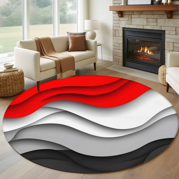 Red Black Ombre Round Area Rug 6 FT, Non Slip Bedroom Rugs, Modern Abstract Moire Art Geometric Washable Soft Circular Carpet Non-Shedding Floor Mat for Kitchen Dining Room Home Office Kids Room
