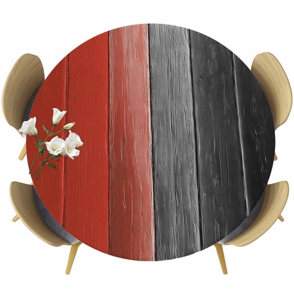 Red Black Ombre Round Tablecloth, Fitted Table Cover with Elastic for 36"-44" Round Tables, Vintage Farmhouse Wooden Table Cloth Outdoor Indoor Dinning Party Waterproof Tablecloths