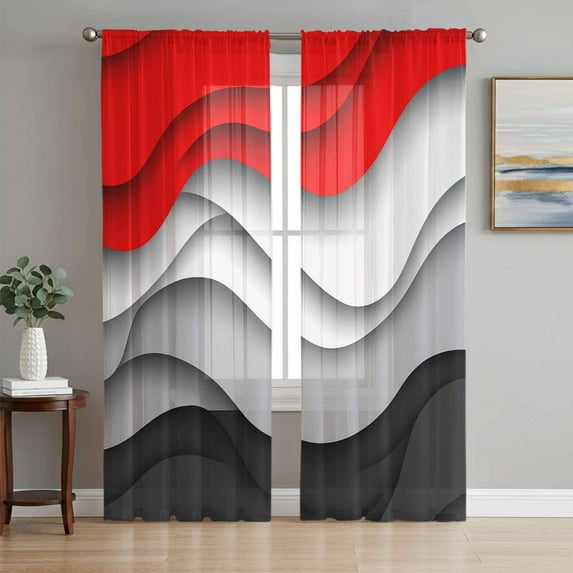 Red Black Ombre Semi Sheer Curtains 63 Inch Length 2 Panels Set, Modern Abstract Moire Art Geometric Sheer Kitchen Curtain Privacy Voile Window Curtain for Living Room Bedroom Rod Pocket Drapes
