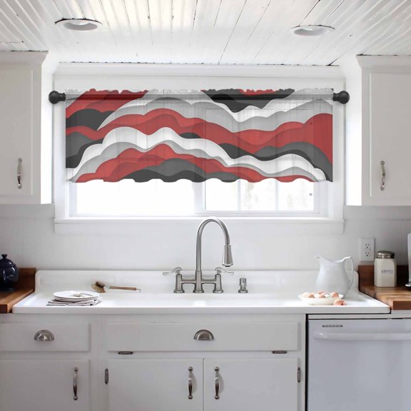 Red Black Ombre Valance Curtains for Kitchen/Living Room/Bathroom/Bedroom Window, Modern Geometric Moire Abstract Art Rod Pocket Small Topper Half Short Window Curtains Voile Sheer Scarf 42"x12"