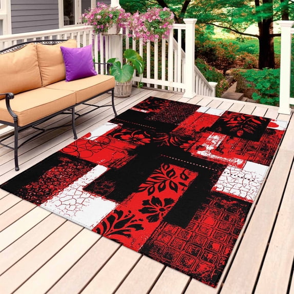 Red Black Outdoor Rug 3x5 Ft, Non Slip Washable Area Rug, Modern Abstract Art Botanical Patio Rugs Carpet Runner, Large Floor Mat for Indoor/Outdoor Deck Porch Camping