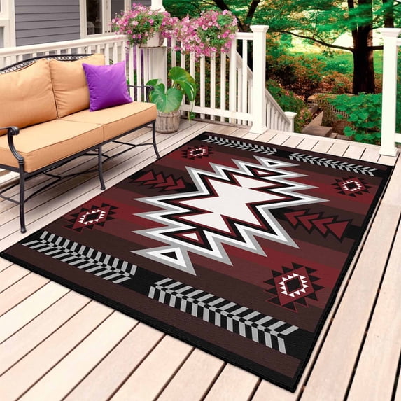 Red Black Outdoor Rug for Patio/Deck/Porch, Non-Slip Large Area Rug 3 x 5 Ft, Southwest Geometric Aztec Farmhouse Tribal Indoor Outdoor Rugs Washable Area Rugs, Reversible Camping Rug Carpet Runner
