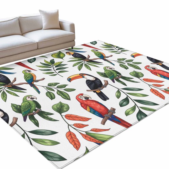 Red Black Parrots Area Rugs 6x9ft Green Leaf Cartoon Plants Bird Summer Floor Rug&nbsp;Non Slip Low Pile Ultra Soft Throw Carpet for Entryway Indoor Entrance Kitchen Bathroom